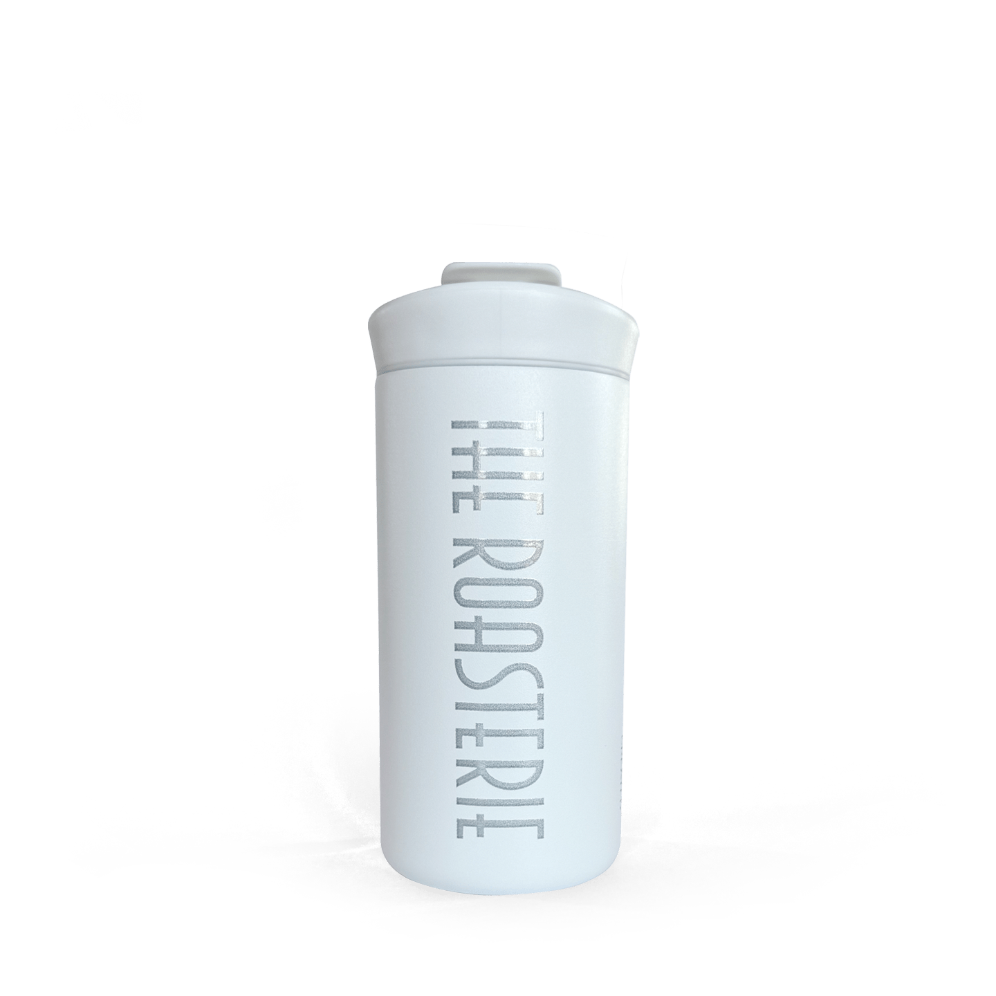 White Roasterie Flip Top Tumbler 12oz with stainless steel ceramic-coated core and leak-proof flip top lid