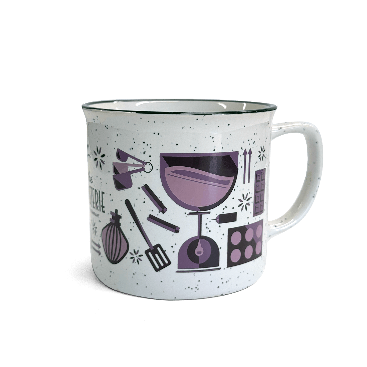 Betty's Mug ceramic cup with purple kitchen utensil designs and black speckled pattern, hand wash only.
