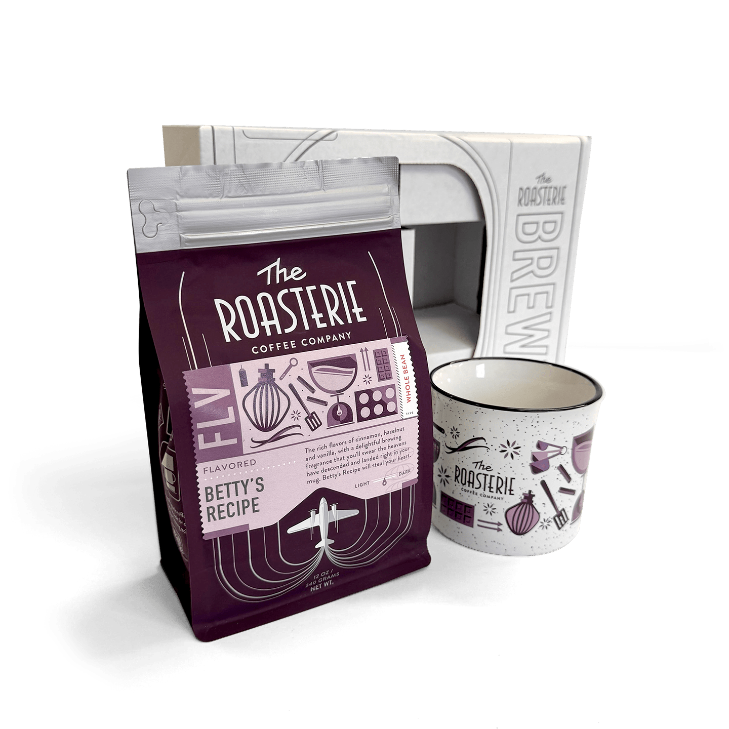 Betty's Brew Bundle featuring Betty's Recipe coffee bag and matching Betty's Mug with festive design and packaging