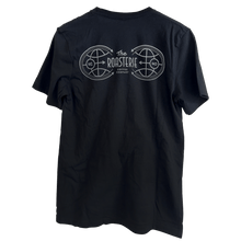 Load image into Gallery viewer, TRC Shirt featuring a black stretch-fit design with dual globe badges and The Roasterie Coffee Company logo in white, illustrating the global journey of coffee from farm to cup
