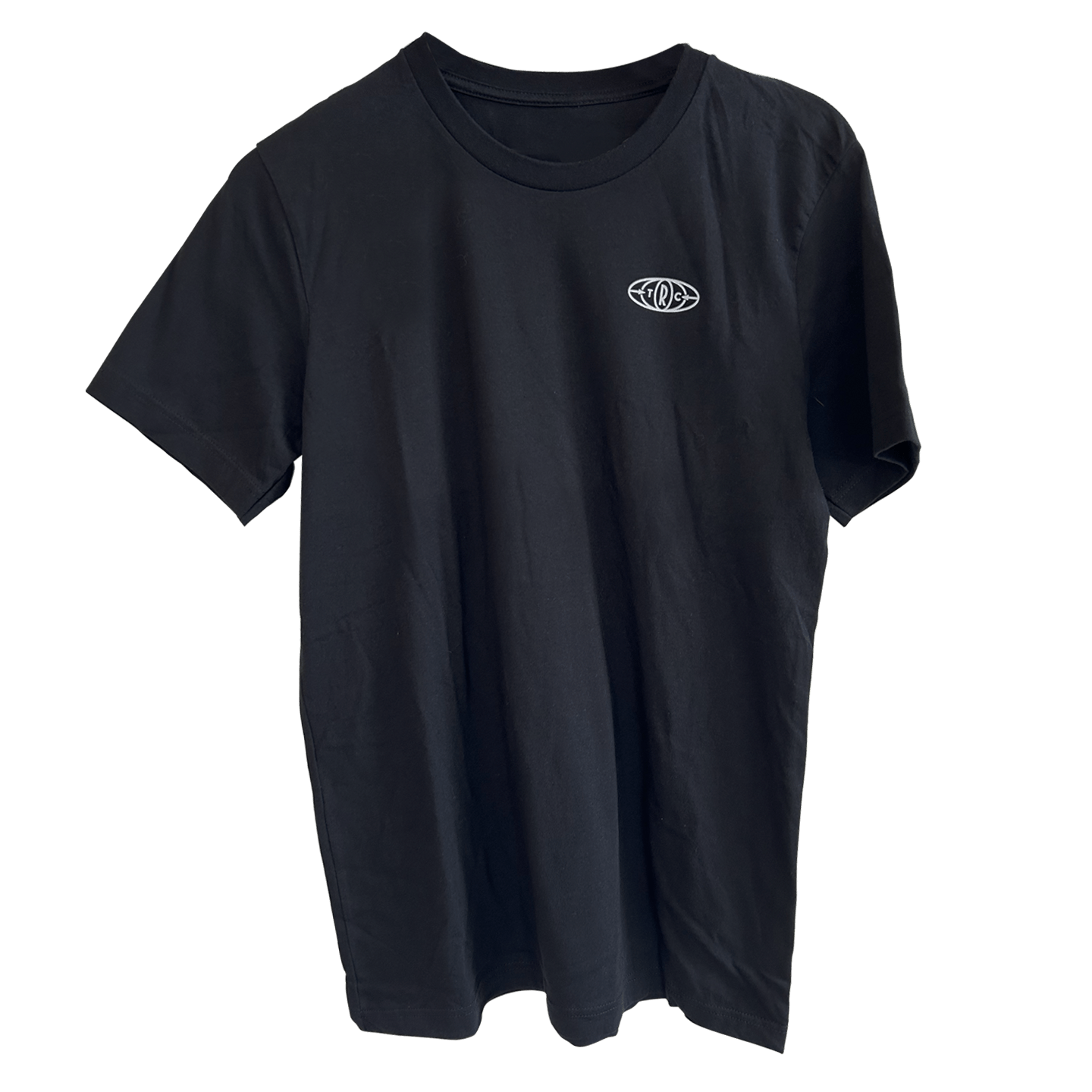 TRC Shirt in classic black featuring a small globe badge design on the chest. Made from stretch-fit fabric with a clean, minimalist aesthetic and comfortable crew neck cut.