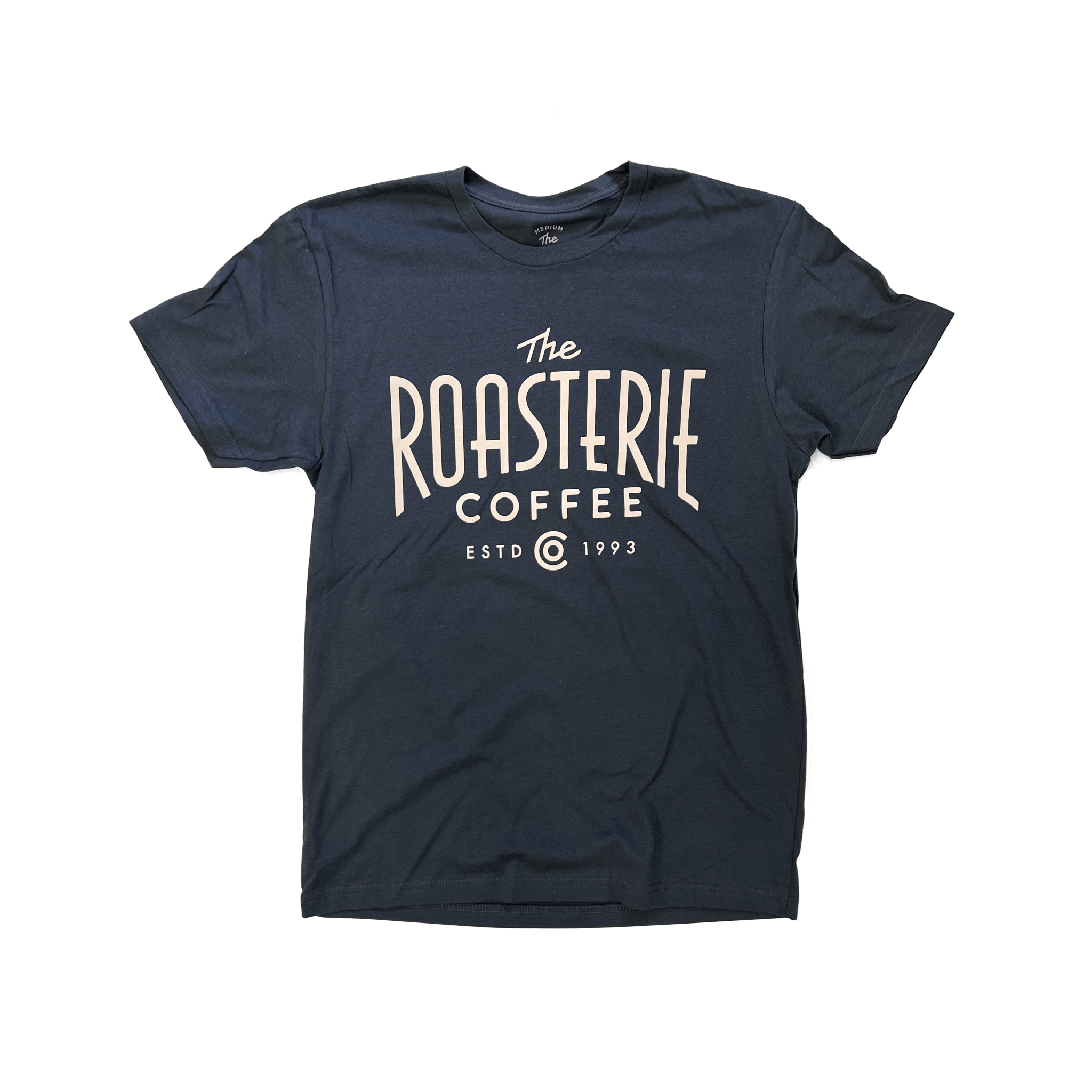Navy blue Arch Logo Shirt with The Roasterie Coffee branding, soft and stretch fit T-shirt design