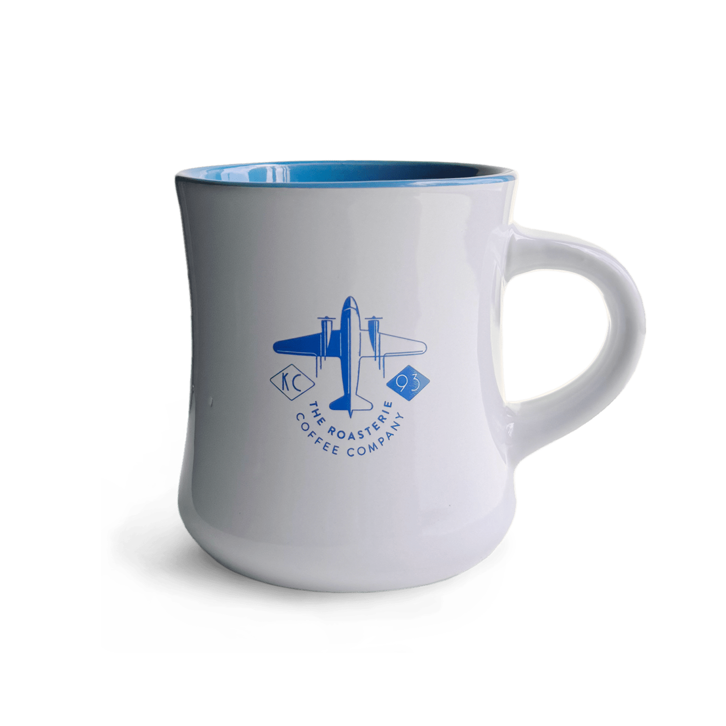 White DC-3 Diner Mug with blue airplane design and interior blue accents from The Roasterie Coffee Company
