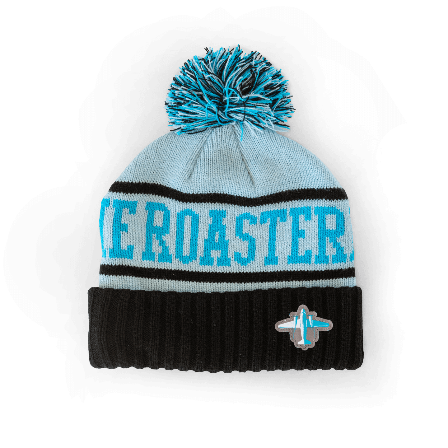 Knit Pom Pom Beanie featuring a light blue and black design with 