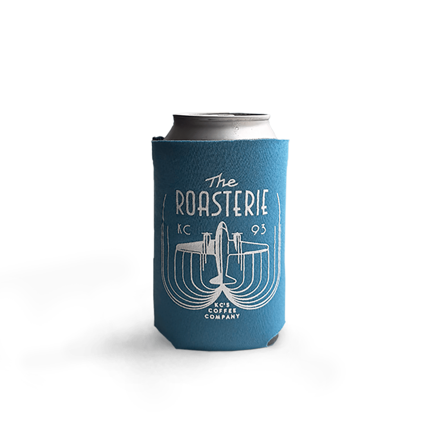 DC-3 Koozie in bright blue featuring The Roasterie logo design with vintage aircraft illustration and KC 93 text, shown holding an aluminum beverage can against white background
