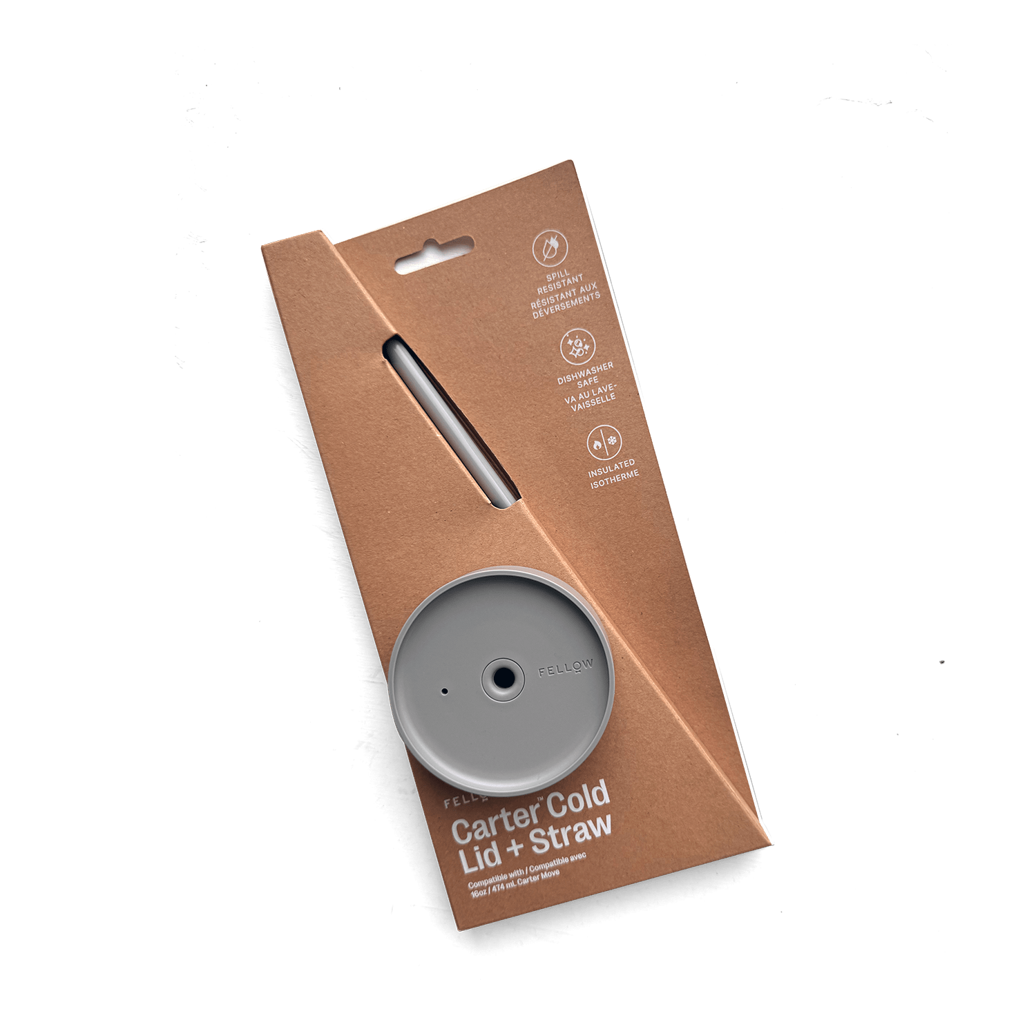Roasterie Carter Move Mug 16oz Cold Lid and Straw combo in brown packaging, spill resistant and dishwasher safe.