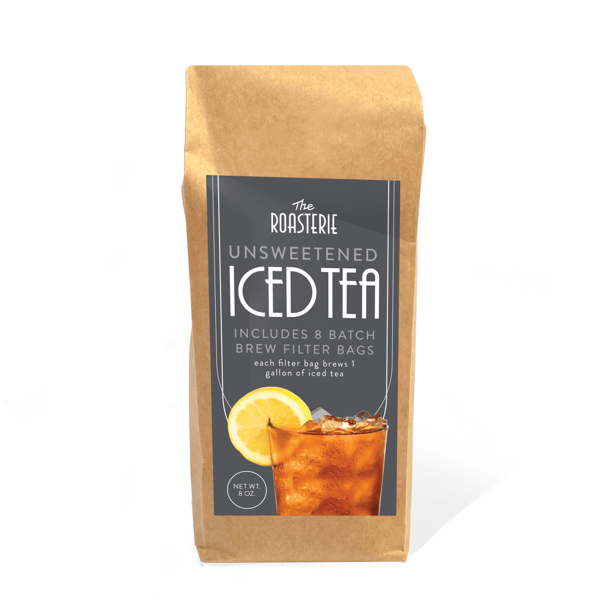 Unsweetened Tea package featuring a kraft paper bag with elegant black and white typography, displaying a refreshing glass of iced tea garnished with lemon slice. Contains 8 batch brew filter bags of premium Black China Tea.