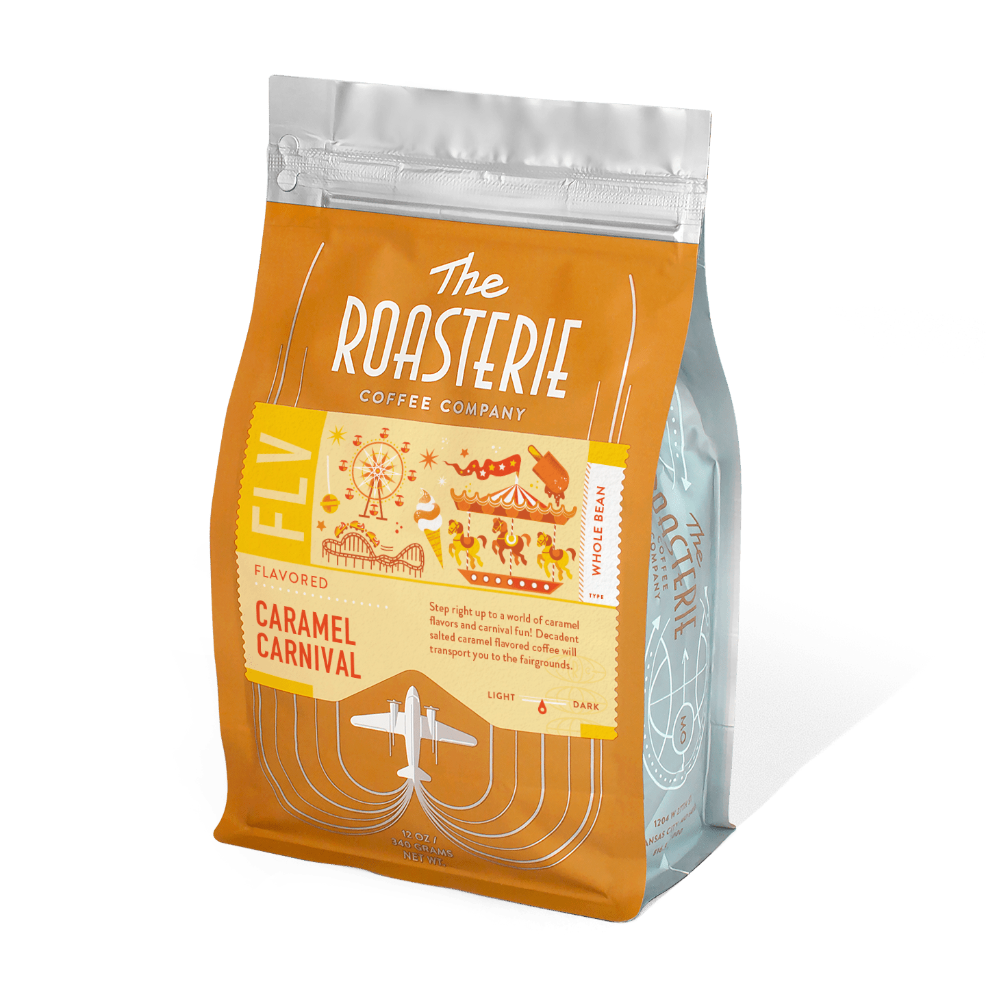 Caramel Carnival coffee bag by The Roasterie with carnival illustrations and salted caramel flavor label