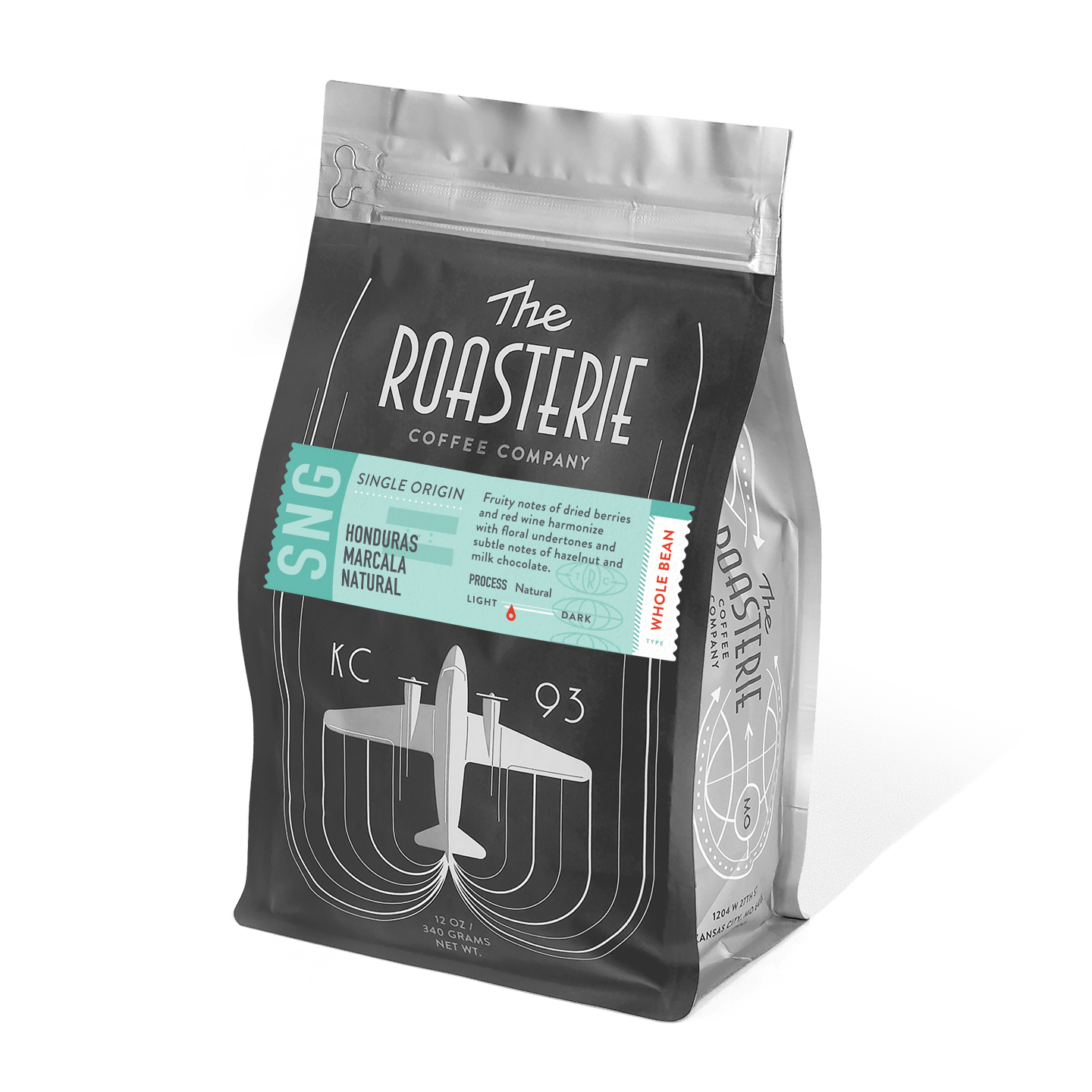 The Roasterie Honduras Marcala Natural coffee bag with fruity, floral, and chocolate tasting notes in black and white packaging
