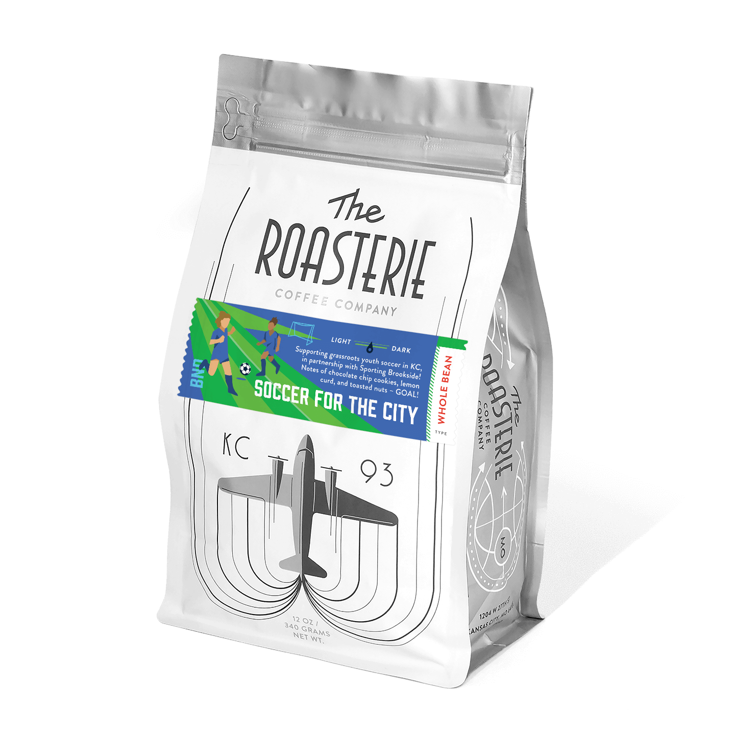 The Roasterie Soccer for the City Blend coffee bag with vibrant label and city plane graphic on white packaging