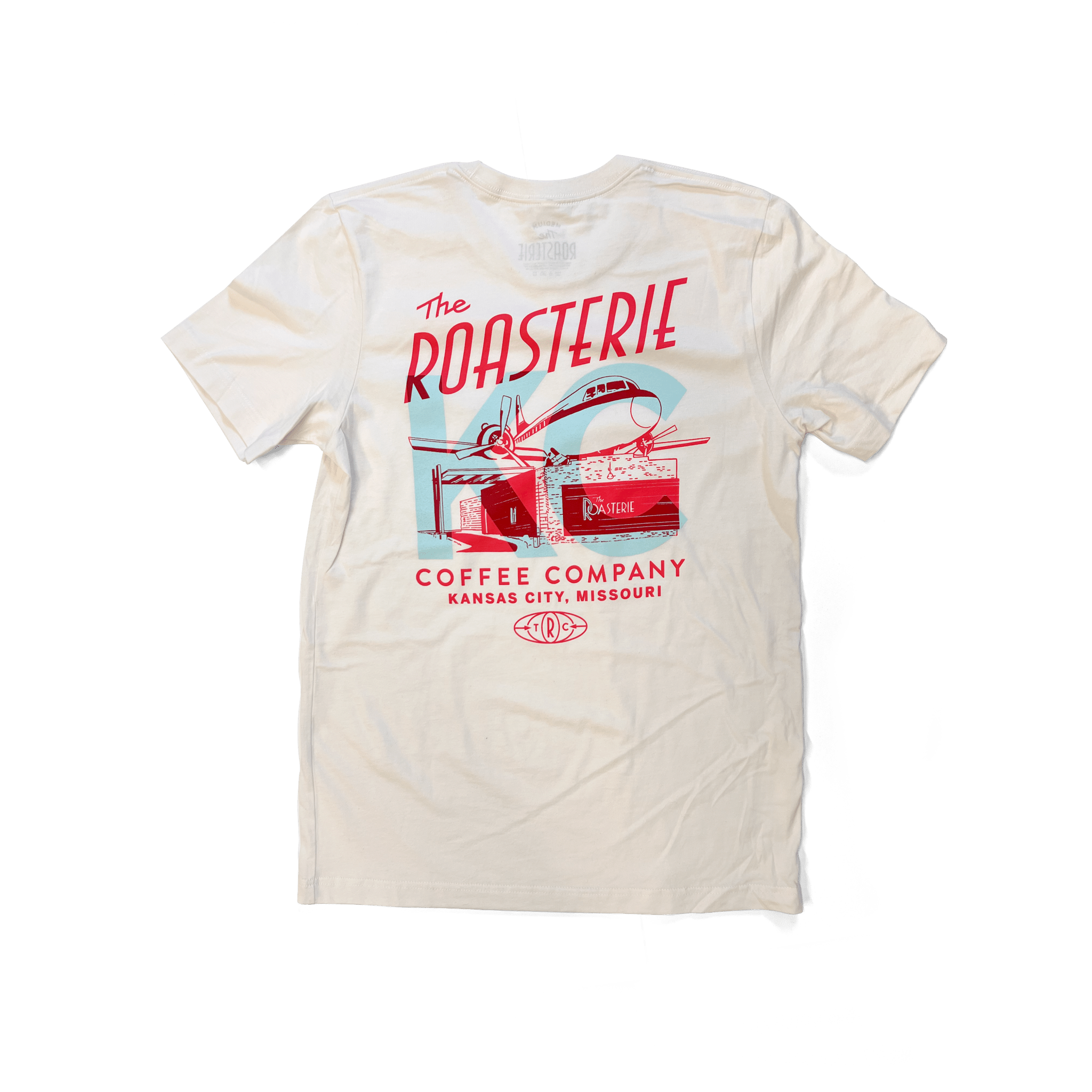 Vintage white Take Flight Shirt featuring a Factory Drive Thru design from The Roasterie Coffee Company in Kansas City.