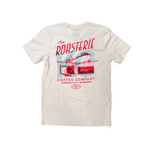 Load image into Gallery viewer, Vintage white Take Flight Shirt featuring a Factory Drive Thru design from The Roasterie Coffee Company in Kansas City.
