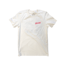 Load image into Gallery viewer, Vintage white Take Flight Shirt with red "The Roasterie" logo on the chest, soft and stylish cotton t-shirt.
