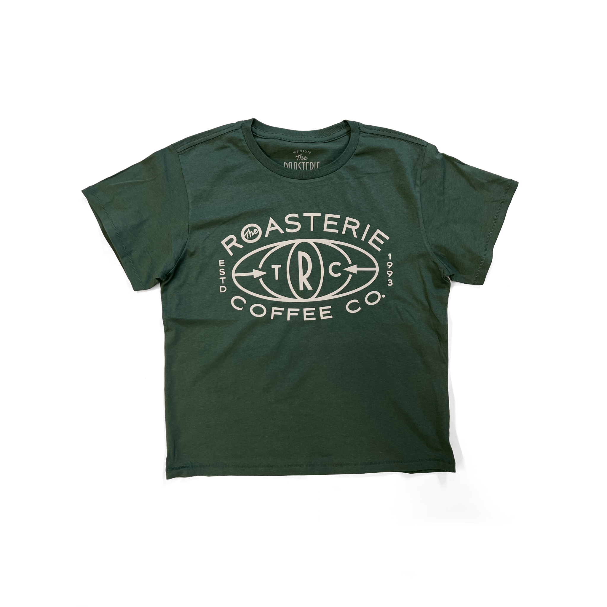 Globe Cropped Tee in dark green with Roasterie Coffee Co. logo featuring a globe symbol on front center.