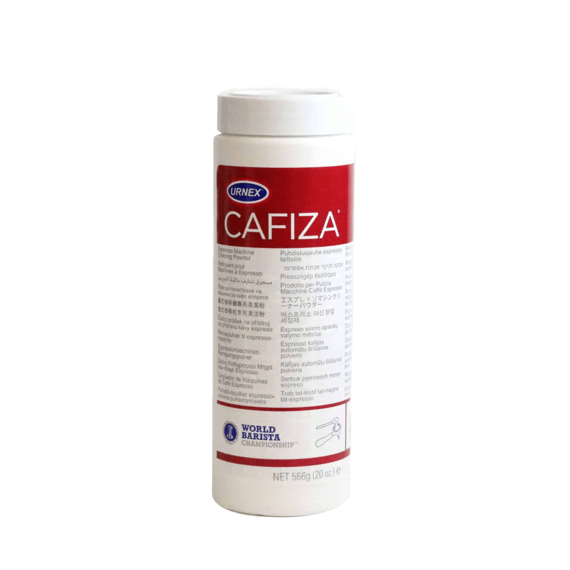 Cafiza Espresso Machine Cleaner professional cleaning powder in white cylindrical container with red label, specially formulated to remove coffee residue and maintain espresso equipment. World Barista certified product by Urnex.