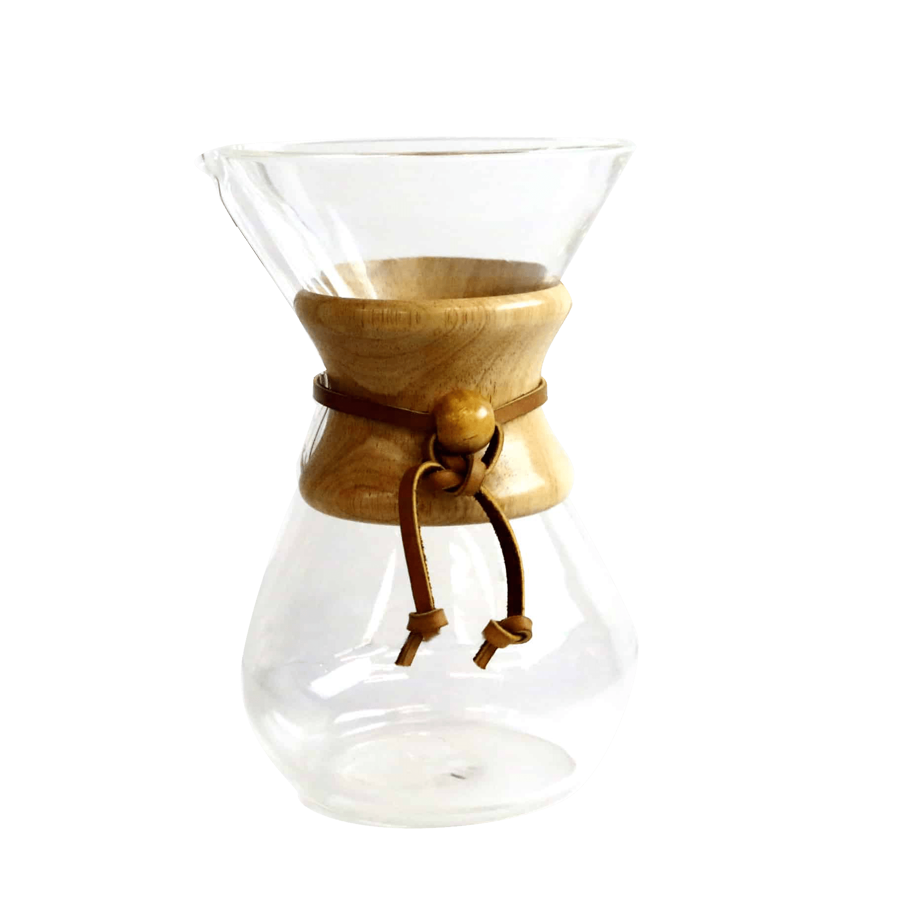 Classic Chemex six-cup coffee maker featuring an hourglass-shaped glass carafe with wooden collar and leather tie, designed for pour-over brewing, showcasing elegant minimalist design and superior coffee filtration capabilities