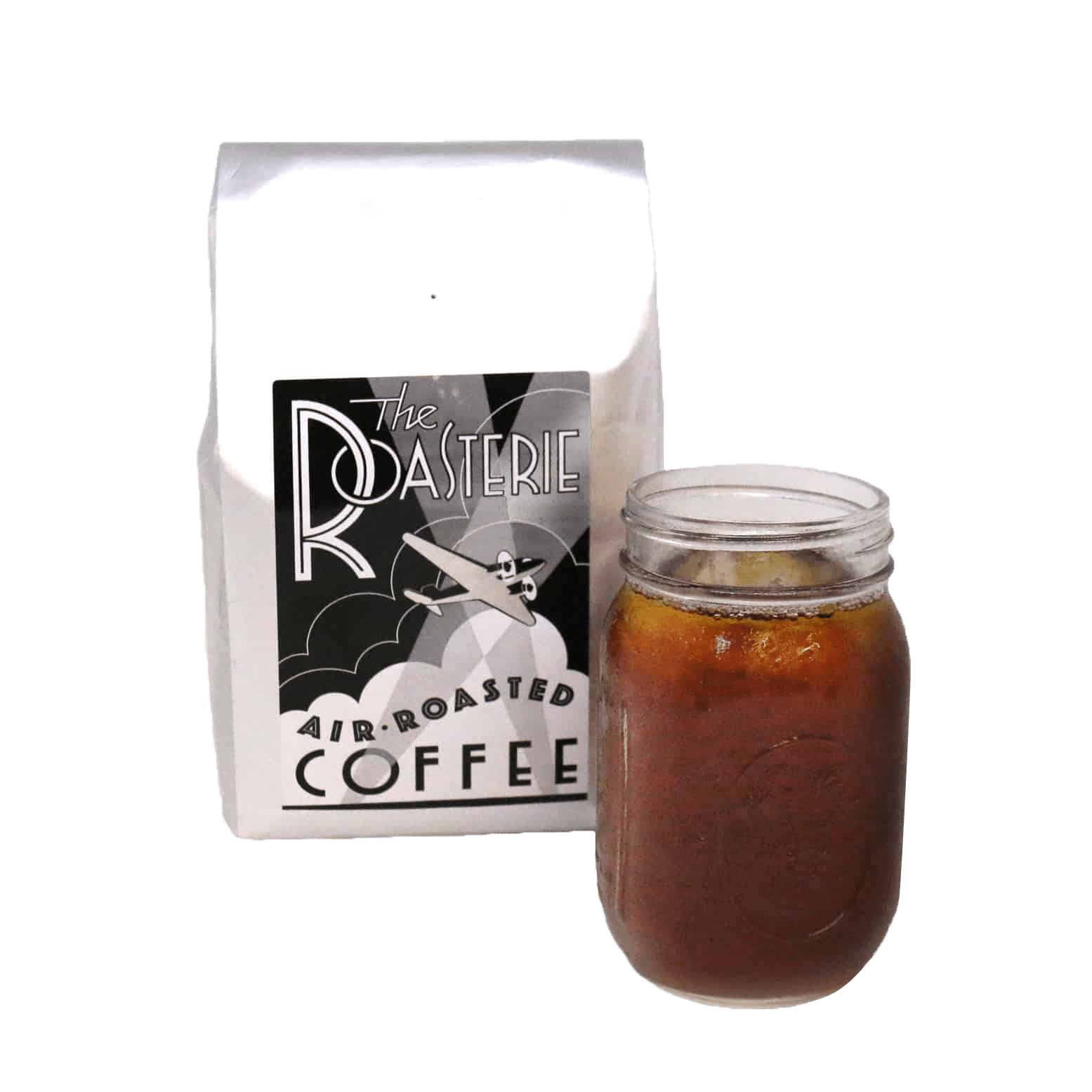 China Black Iced Tea filter bags shown with a mason jar of freshly brewed dark iced tea alongside a bag of Roasterie Air-Roasted Coffee, displaying the classic art deco style packaging and contrasting beverage presentations.