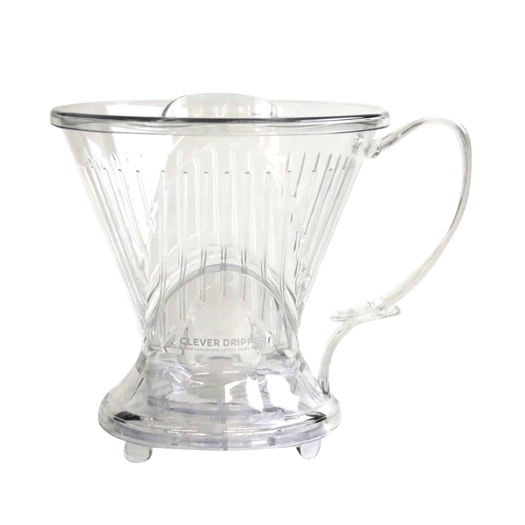 Clever Coffee Dripper shown in clear plastic with vertical ridged design, featuring a cone-shaped filter holder, ergonomic handle, and spring-loaded base for controlled brewing and easy dispensing into cups. Product displayed against white background highlighting its transparent construction.
