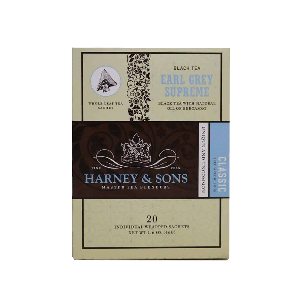 Box of Harney & Sons Earl Grey Supreme Tea Sachets featuring elegant packaging in cream and brown with blue accents, displaying 20 individually wrapped sachets. Classic tea brand logo with ornate crown design and decorative borders on premium black tea box.