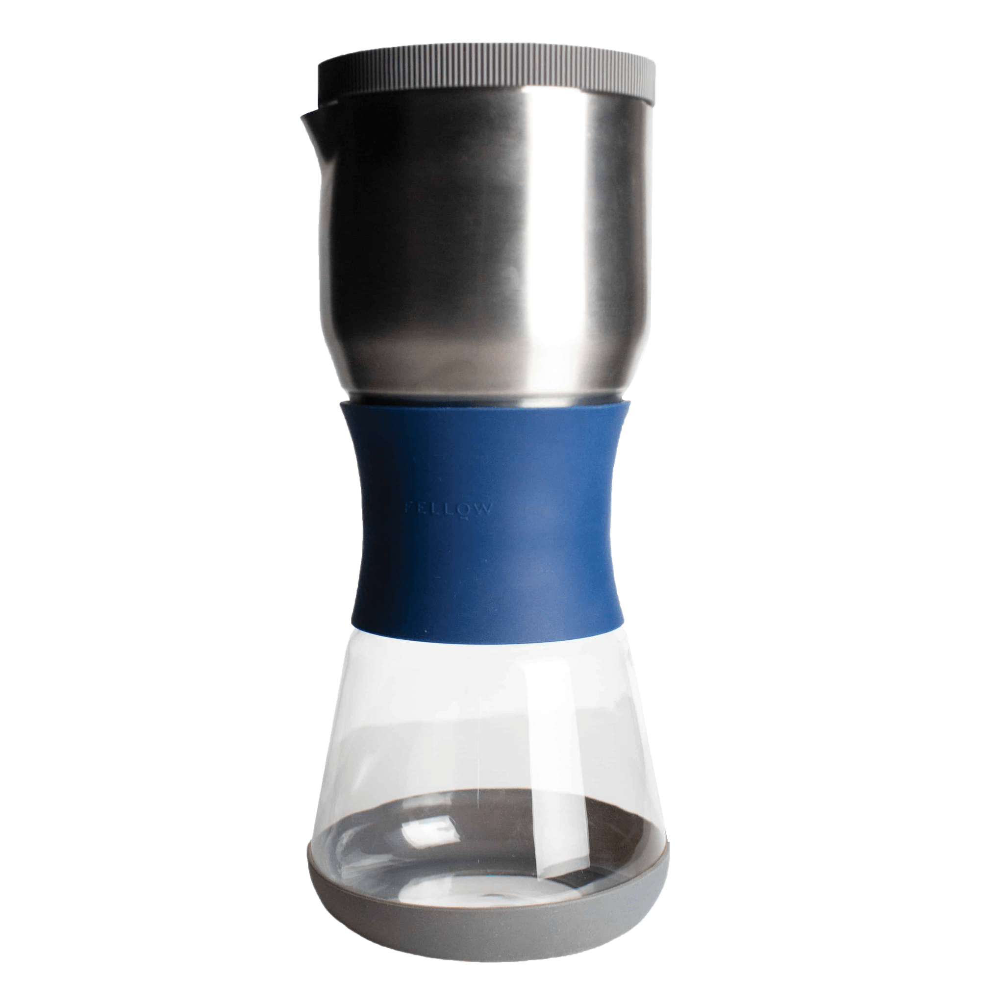 Fellow Duo Brewer featuring a sleek stainless steel top, navy blue silicone grip, and clear glass carafe base for immersion brewing and precise coffee extraction. Modern design combines functionality with elegant aesthetics.
