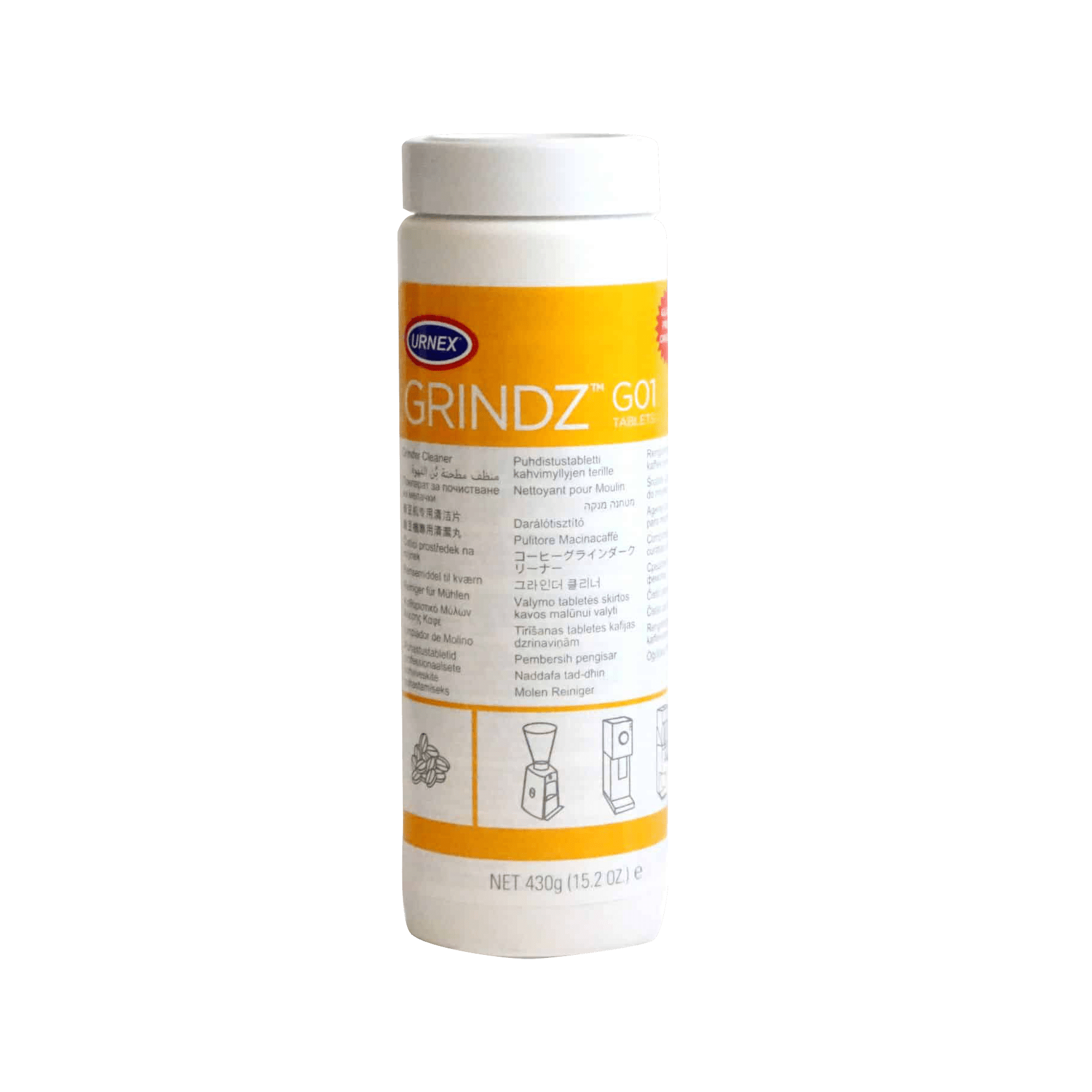Grindz Grinder Cleaner Tablets in a white cylindrical container with orange label, showing product instructions and icons for coffee grinder cleaning. Contains 430g of natural cleaning tablets for professional coffee grinder maintenance.