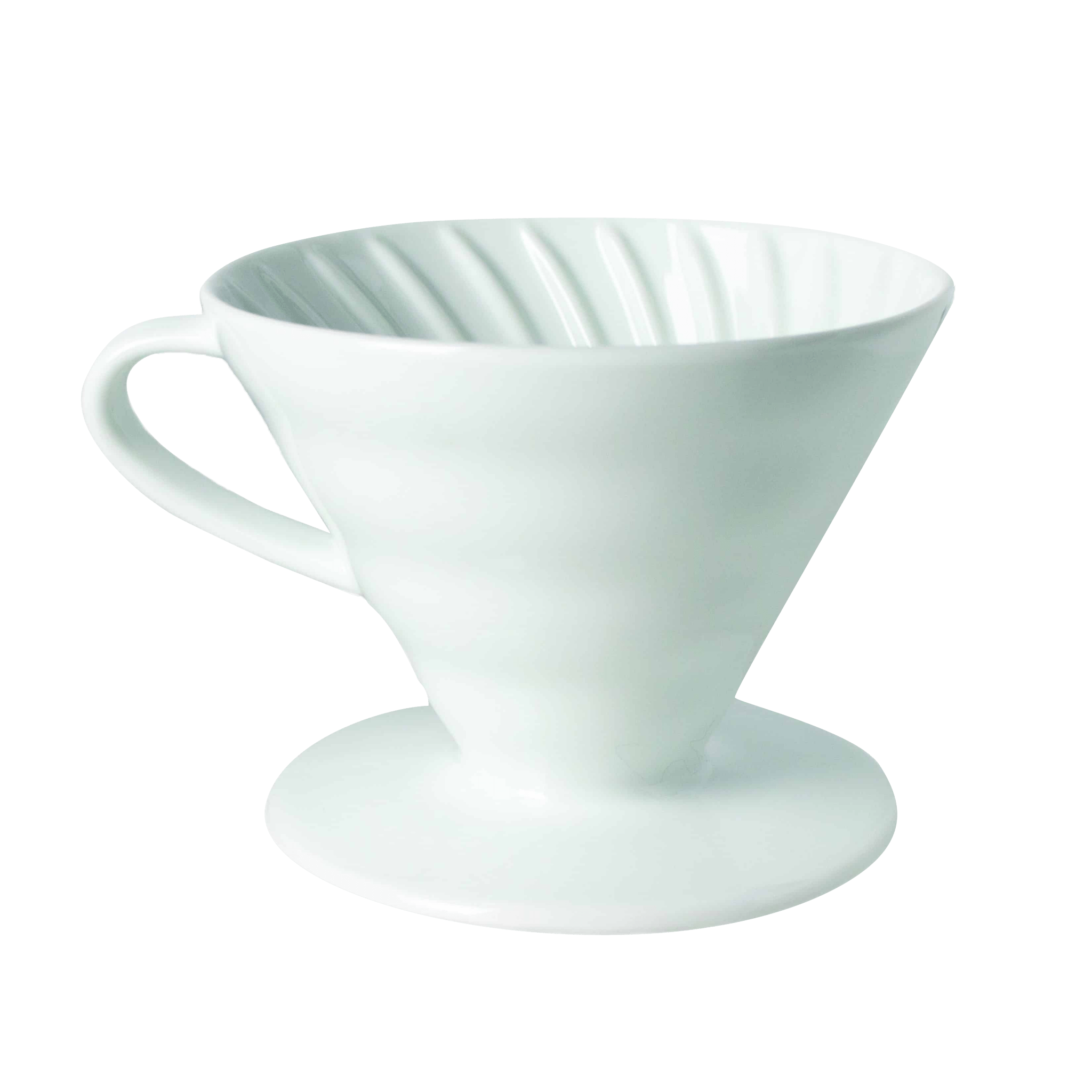Hario V60 white ceramic coffee dripper with spiral ridges inside, featuring a cone shape design and single handle for precise pour-over brewing. The brewer sits on a circular base and has a clean, minimalist appearance.
