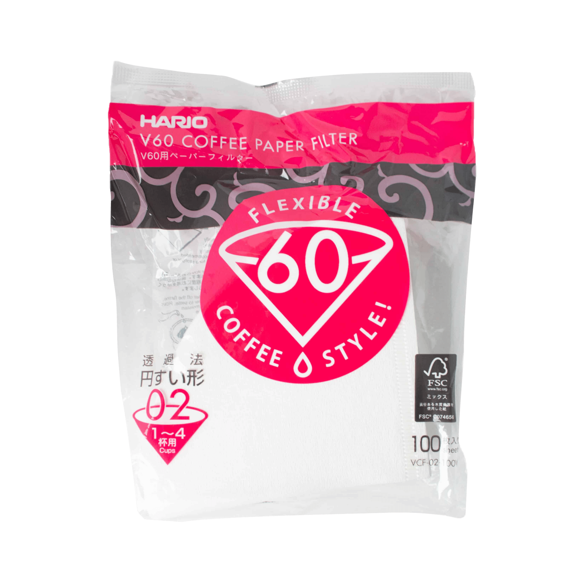 Hario V60 #2 Filters pack featuring white cone-shaped paper filters with pink and gray packaging design, showing the iconic V60 logo and 100-count quantity for pour-over coffee brewing method