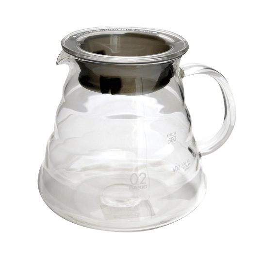 Hario V60 Range Server - Clear glass coffee carafe with beehive-shaped design, measurement markings, heat-resistant construction, and black silicone-sealed lid featuring a pour spout and comfortable handle for precise coffee serving.