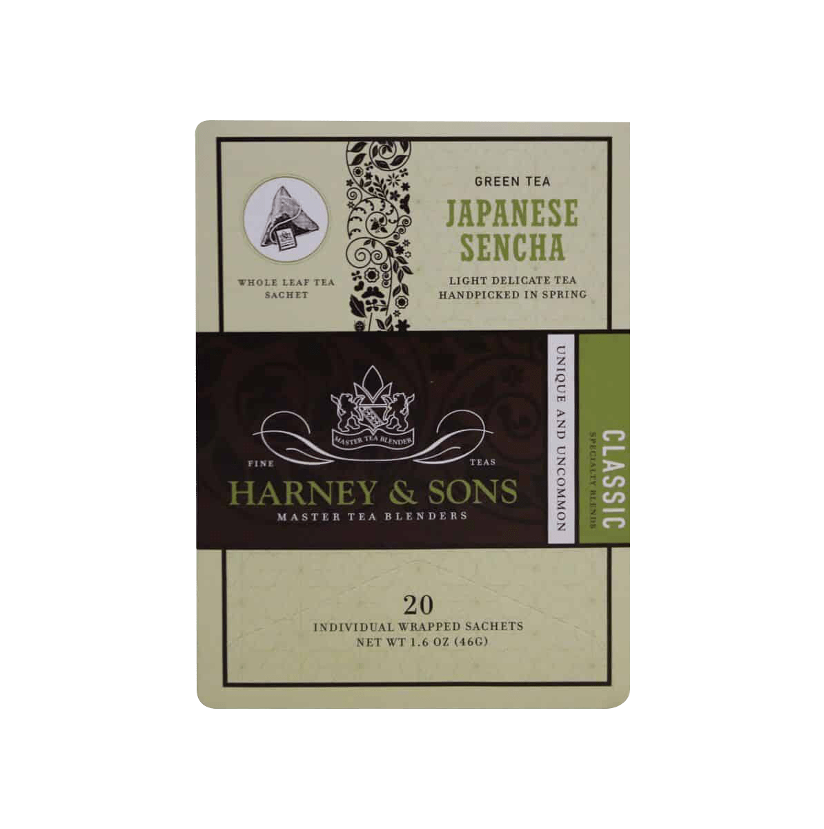 Japanese Sencha Tea Sachets by Harney & Sons featuring 20 individually wrapped green tea sachets in an elegant sage-colored box with decorative floral pattern and classic brand logo. Light delicate tea handpicked in spring, net weight 1.7 oz.