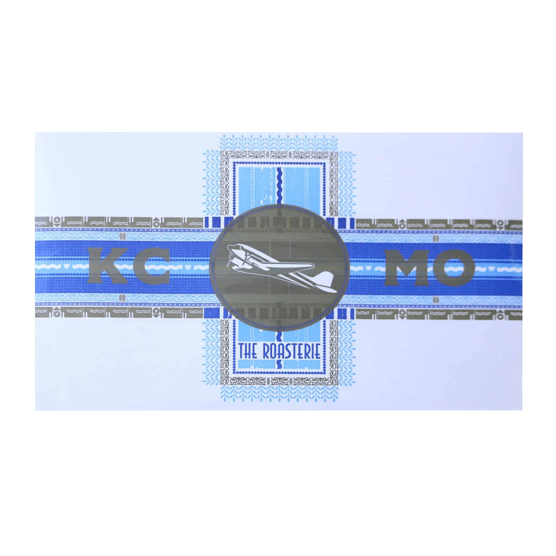 KCMO Hammerpress Poster featuring an art deco design with a grey circular emblem containing an airplane silhouette, centered on blue and white horizontal stripes with decorative borders and 