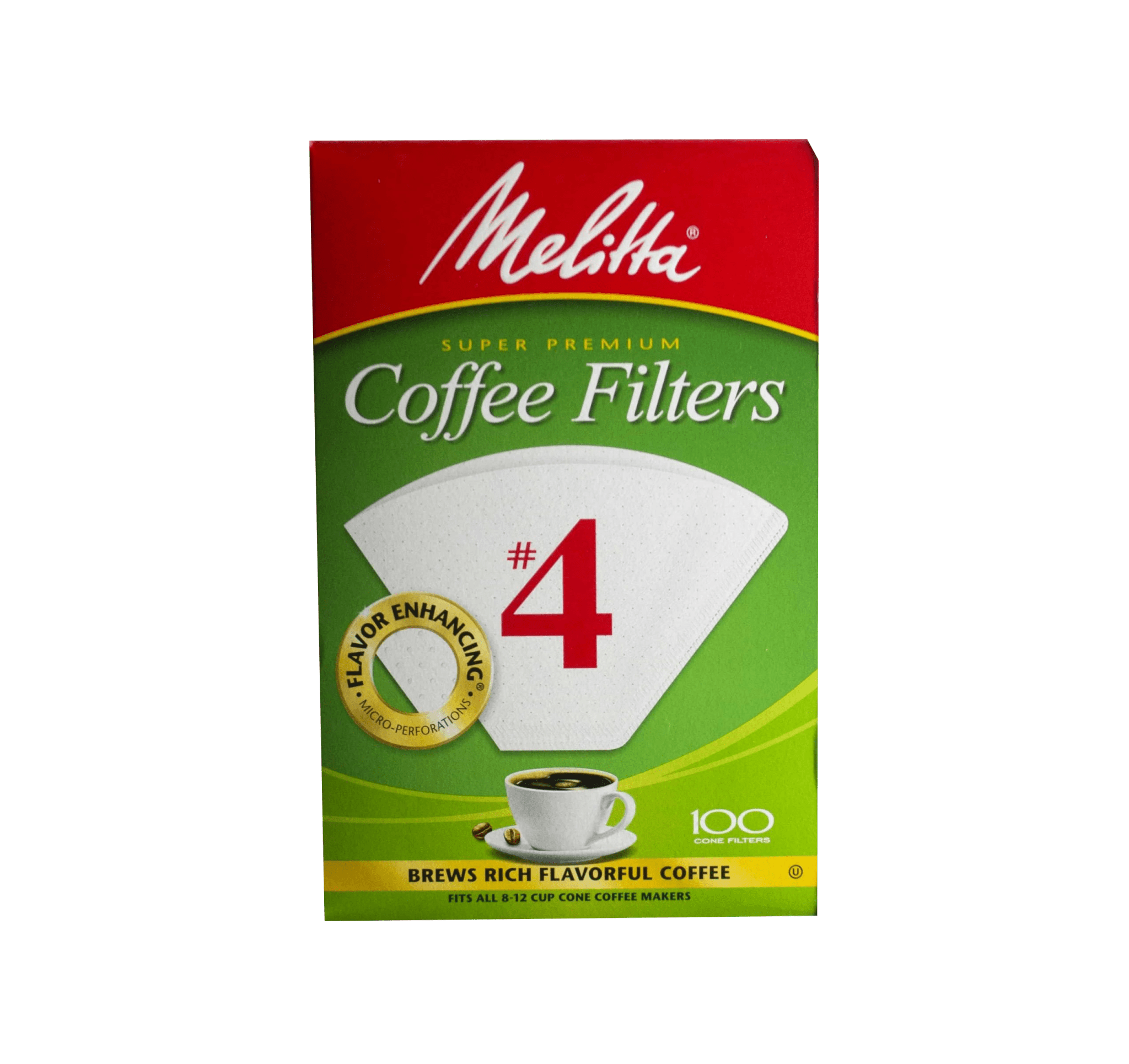 Melitta #4 Filters box featuring red and green design with white filter illustration, showing 100-count super premium coffee filters for flat-bottom brewers, with flavor enhancing microfine perforations logo