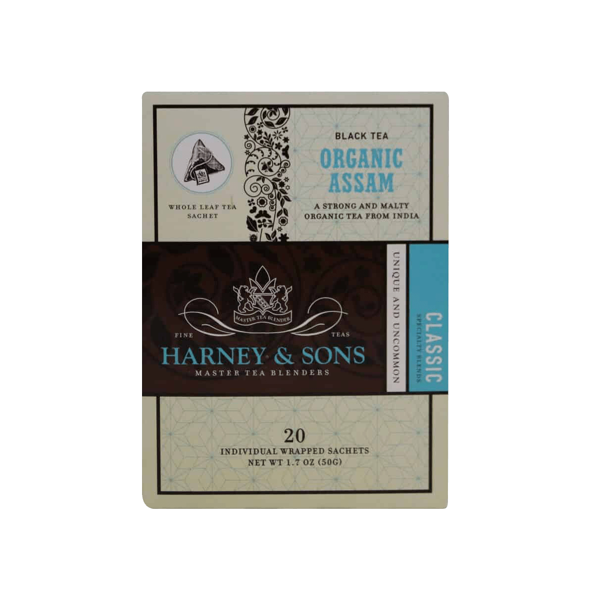 Harney & Sons Organic Assam Tea box containing 20 individually wrapped sachets, featuring elegant black and blue packaging with classic crown logo and ornate floral design elements. Premium whole leaf black tea from India.