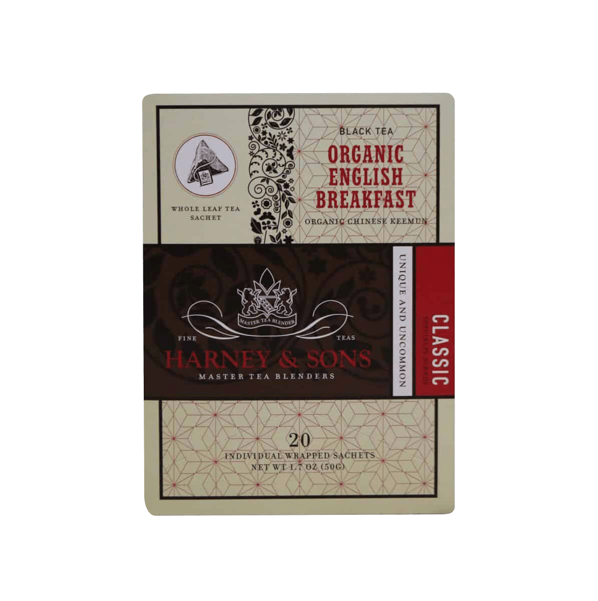 Organic English Breakfast Tea box featuring Harney & Sons master tea blenders logo, ornate black floral designs on beige background, containing 20 individually wrapped sachets of organic Chinese black tea from Keemun. Classic design with red accents and crown emblem.