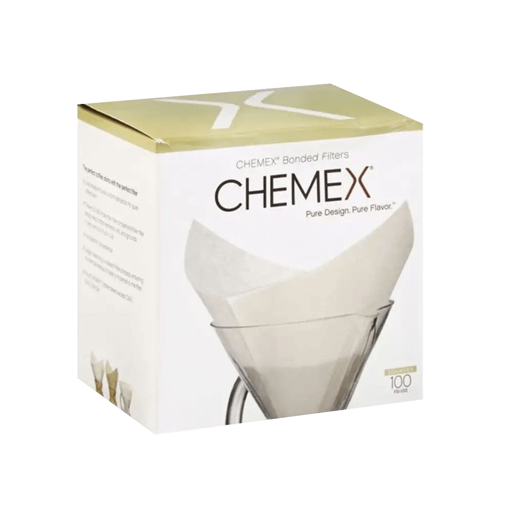 Chemex Square Bonded Filters box showing white pre-folded paper filters in a light green and white retail package with glass carafe illustration and Chemex branding, containing 100 premium coffee filters for pour-over brewing
