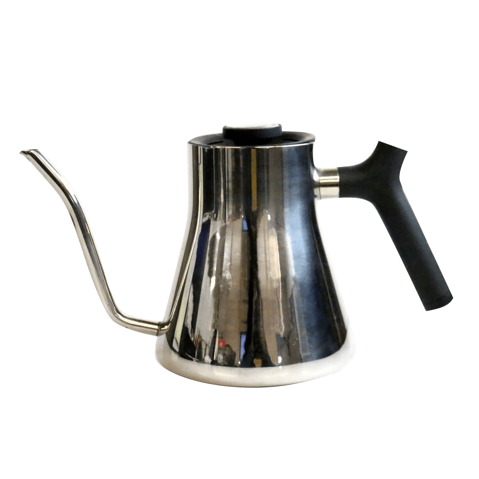 Stagg Chrome Kettle featuring a polished mirror-finish stainless steel body with ergonomic black handle, precision gooseneck spout for controlled pouring, and modern angular design perfect for precise coffee brewing.