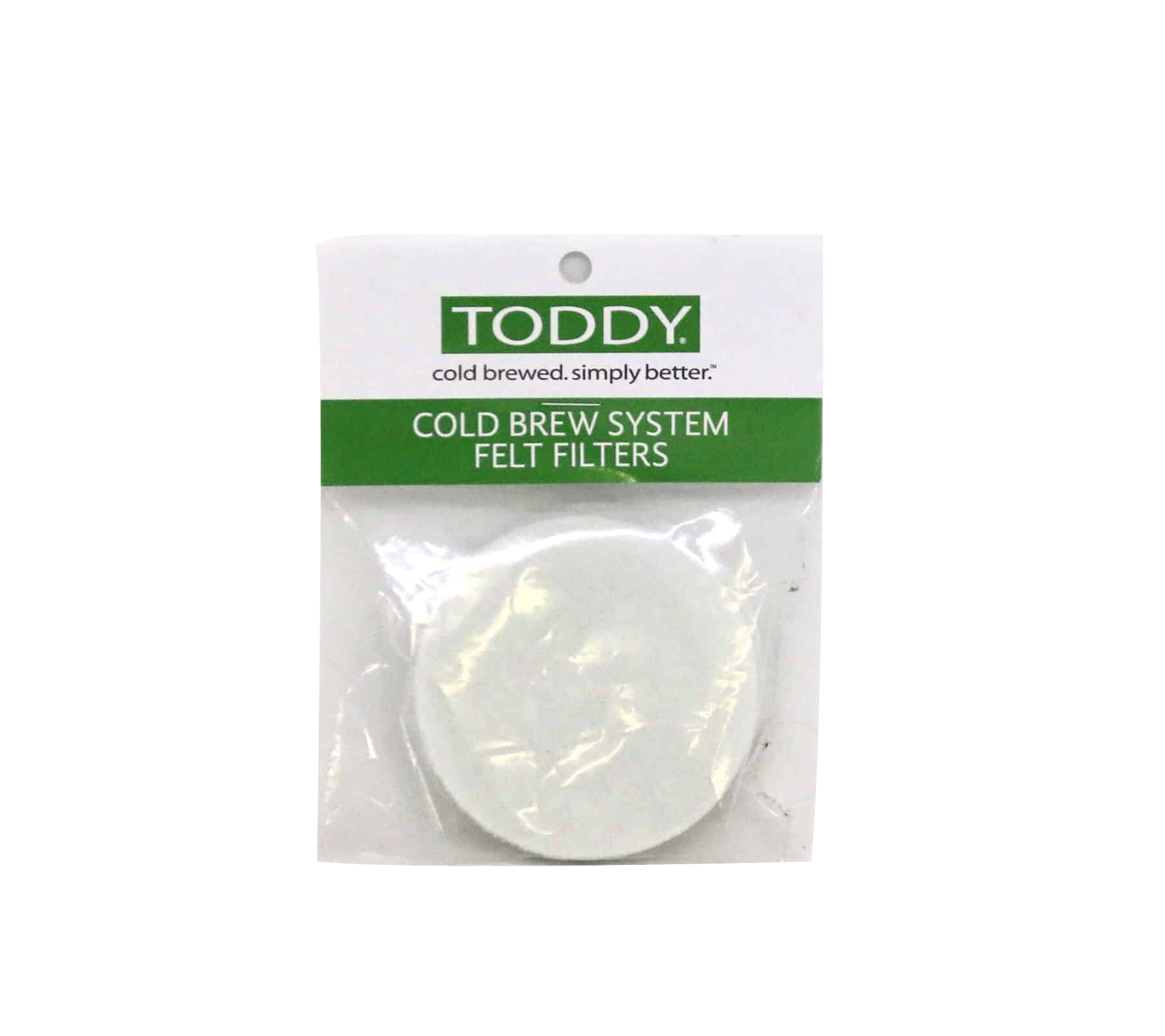 Toddy Reusable Filter 2 Pack - White circular felt filters in sealed packaging for Toddy Cold Brew System, featuring green Toddy logo and text on package header. Washable and reusable filters for making cold brew coffee.
