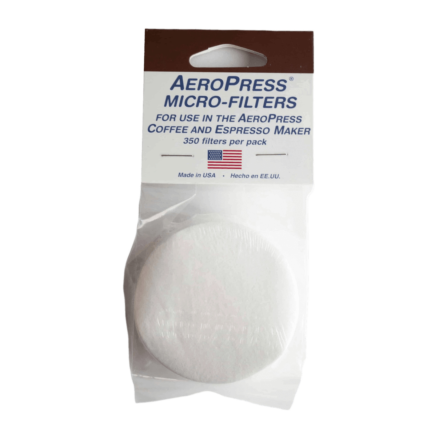 AeroPress Paper Filters package containing 350 micro-filters for coffee and espresso maker, made in USA, shown in clear packaging with white circular filters visible through transparent window and brown header displaying product information