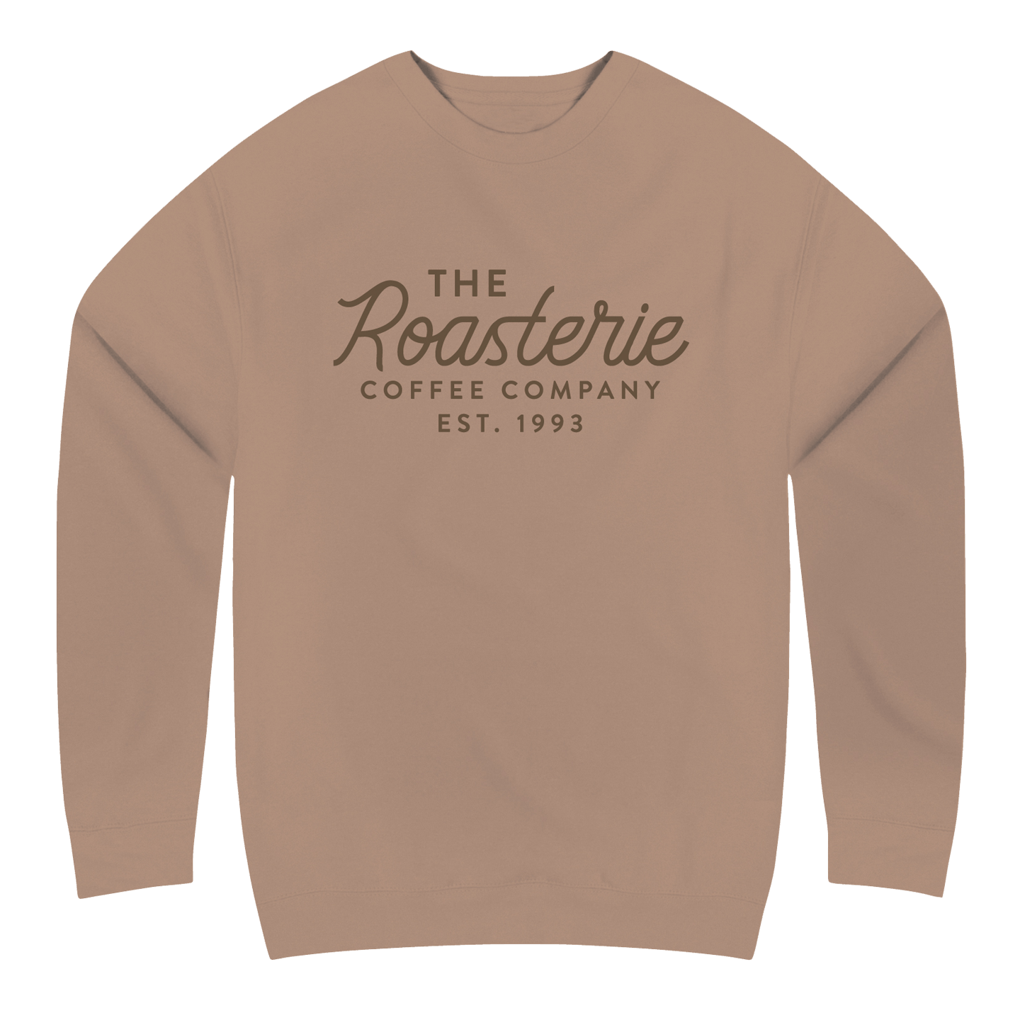 Script Text Crewneck sweatshirt in latte brown featuring The Roasterie Coffee Company vintage-style logo and EST. 1993 text. Classic crew neck design with long sleeves and ribbed trim in a cozy cotton blend material.