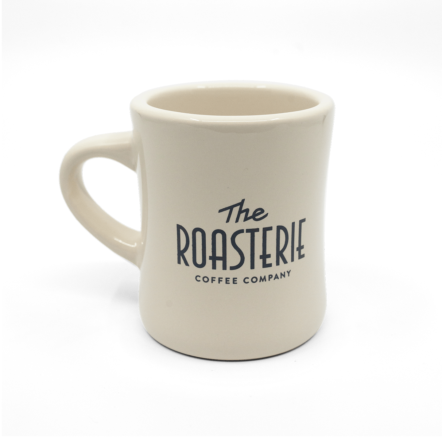 White Diner Mug featuring The Roasterie Coffee Company logo in dark text on a classic cream-colored porcelain body, with a sturdy handle and traditional diner-style cylindrical shape