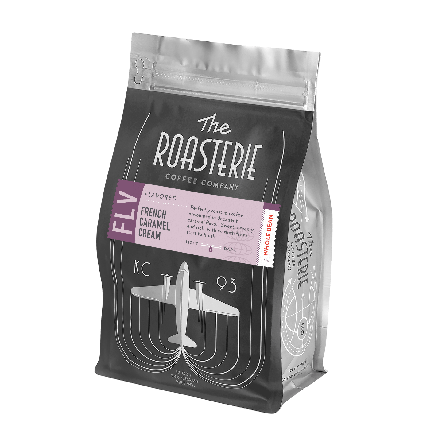 A black coffee bag of French Caramel Cream by The Roasterie featuring an art deco airplane design and purple accent label. The premium coffee packaging showcases the brand's signature style with metallic silver resealable top and vintage-inspired graphics.