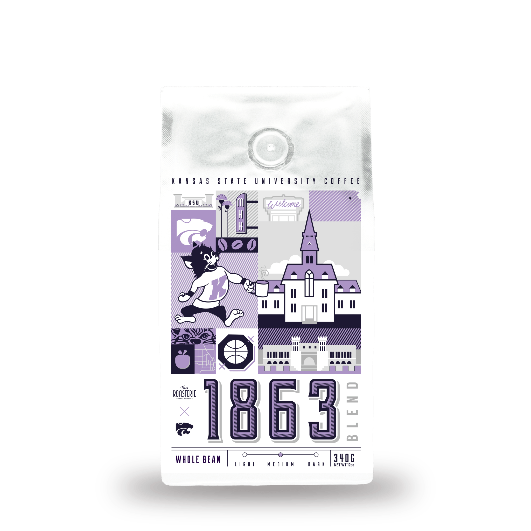 Kansas State 1863 Blend coffee bag featuring purple and white illustrated design with iconic university buildings, the Wildcat mascot, and coffee elements. Showcases campus architecture and the founding year 1863 in a vintage-style composition.