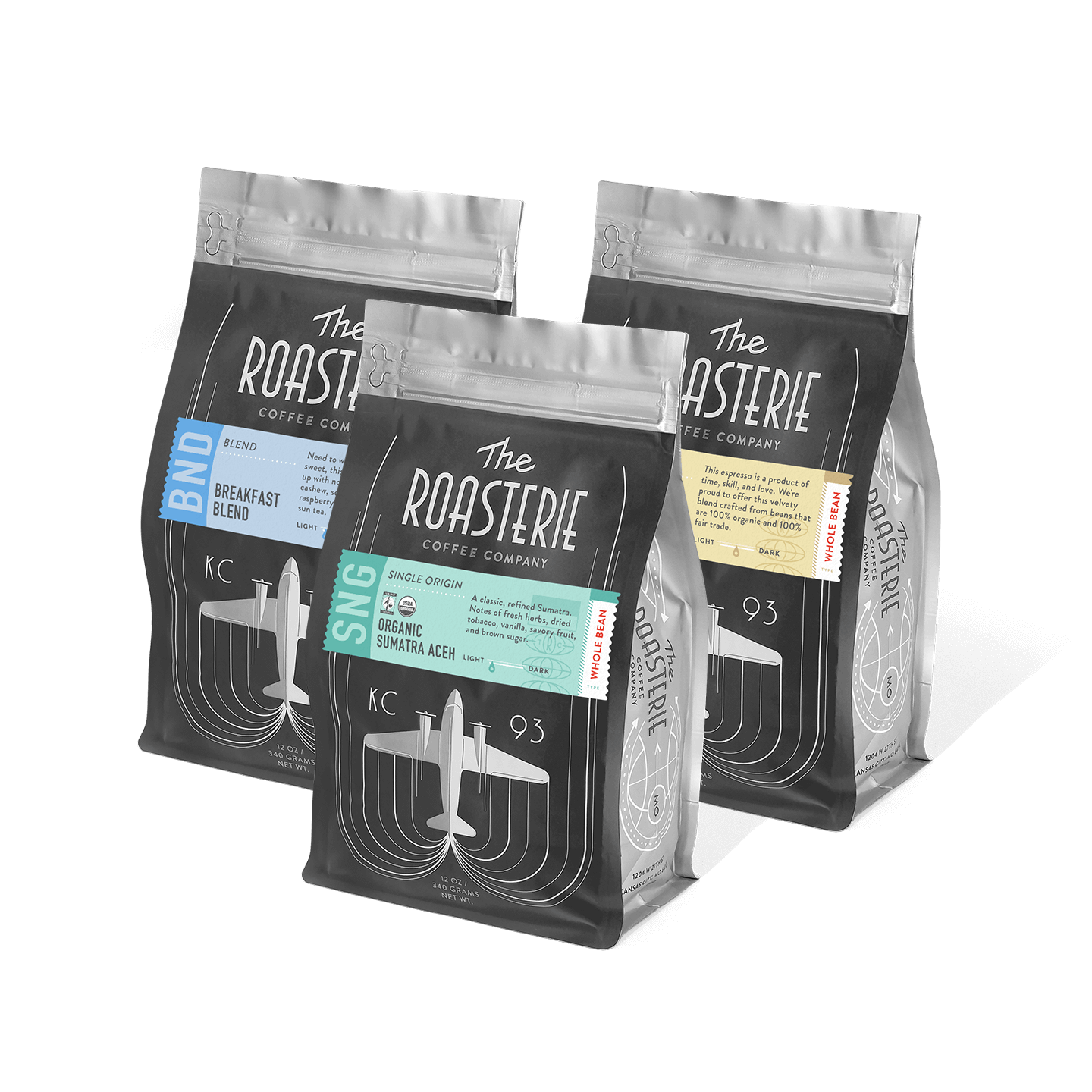 Three bags of Roaster's Choice Bundle coffee positioned together, featuring black packaging with airplane designs and colored labels showing different coffee varieties, offered in a 3-month subscription package