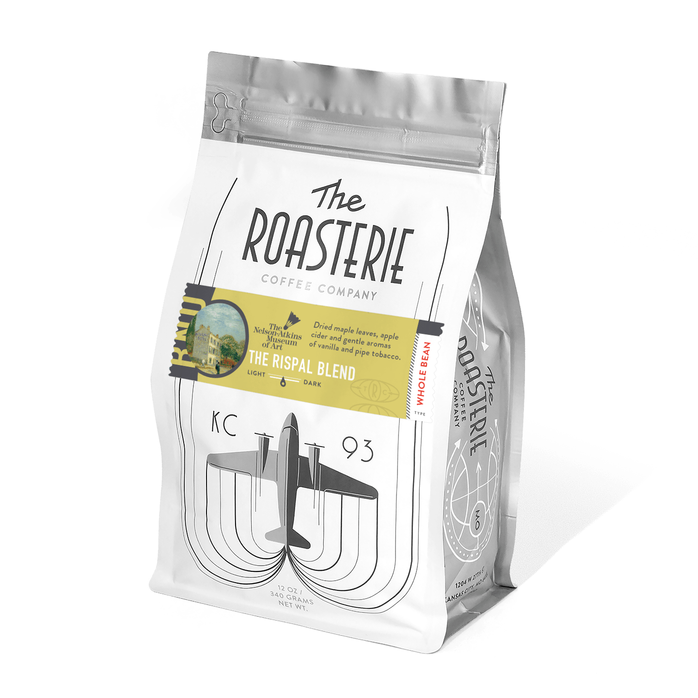 The Rispal Blend coffee bag from The Roasterie featuring a white resealable package with artistic Van Gogh-inspired label design in yellow and black, showcasing retro KC 93 airplane graphics and vintage-style branding