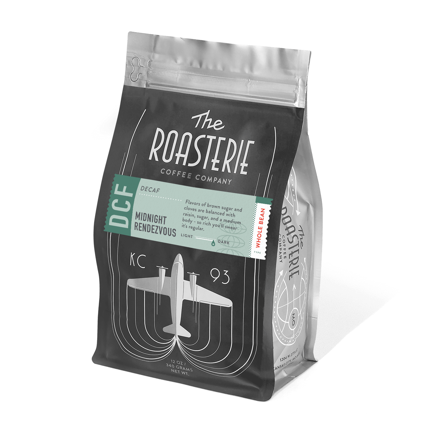 A bag of Midnight Rendezvous Decaf Coffee from The Roasterie featuring art deco-inspired packaging in black with a mint green label and vintage airplane design, showcasing brown sugar and clove flavored decaf coffee blend.