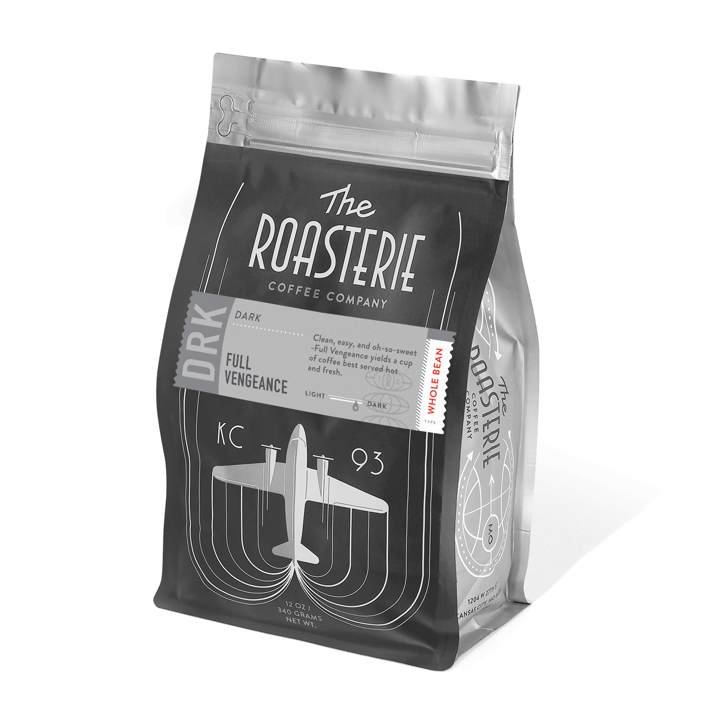 A black and silver coffee bag from The Roasterie featuring Full Vengeance blend, decorated with a vintage aircraft design and concentric curves, showcasing their KC 93 branding and clean, sweet coffee description on a resealable package.