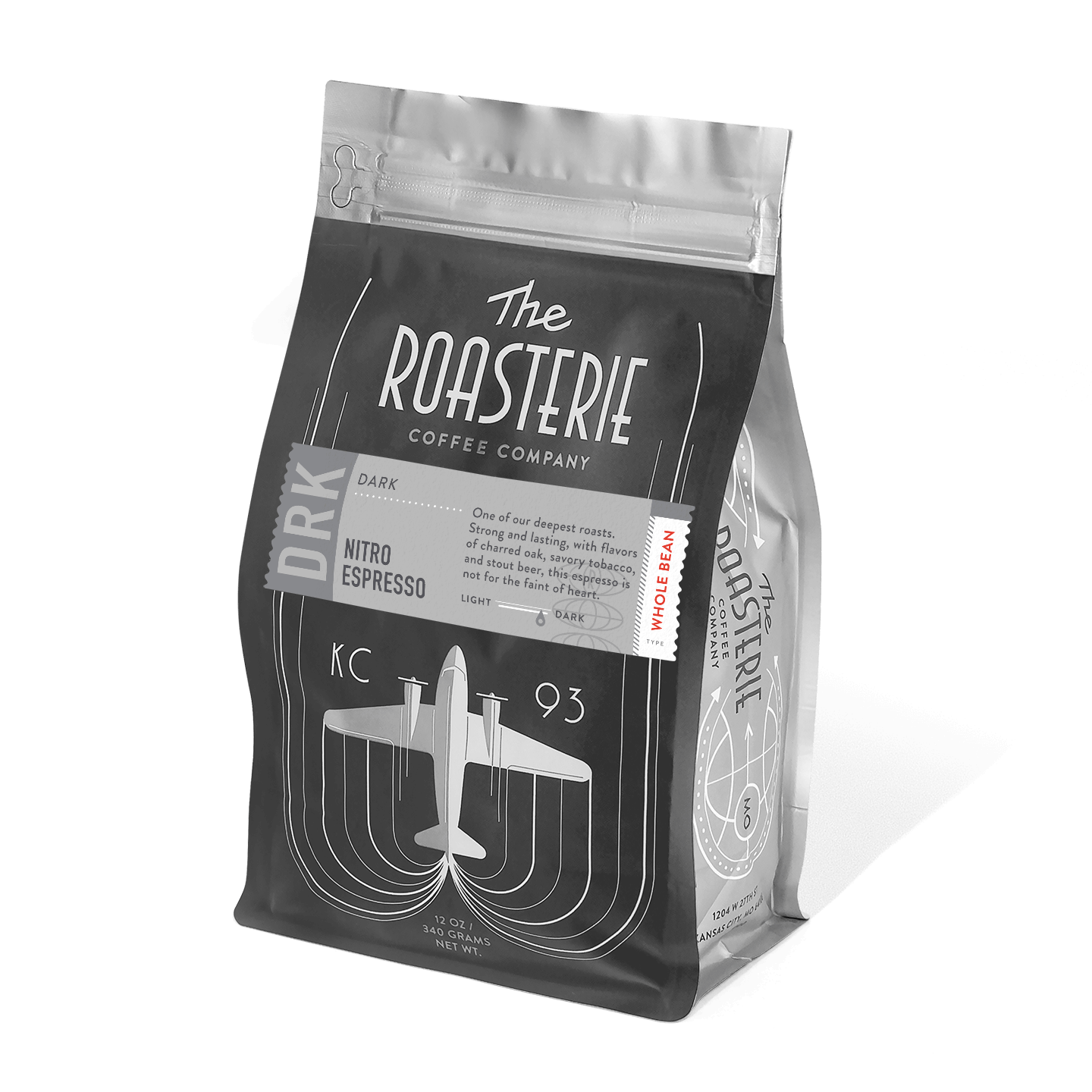 Nitro Espresso coffee bag from The Roasterie featuring dark roast beans and vintage airplane design in black and silver packaging, highlighting bold notes of charred oak, tobacco, and stout beer