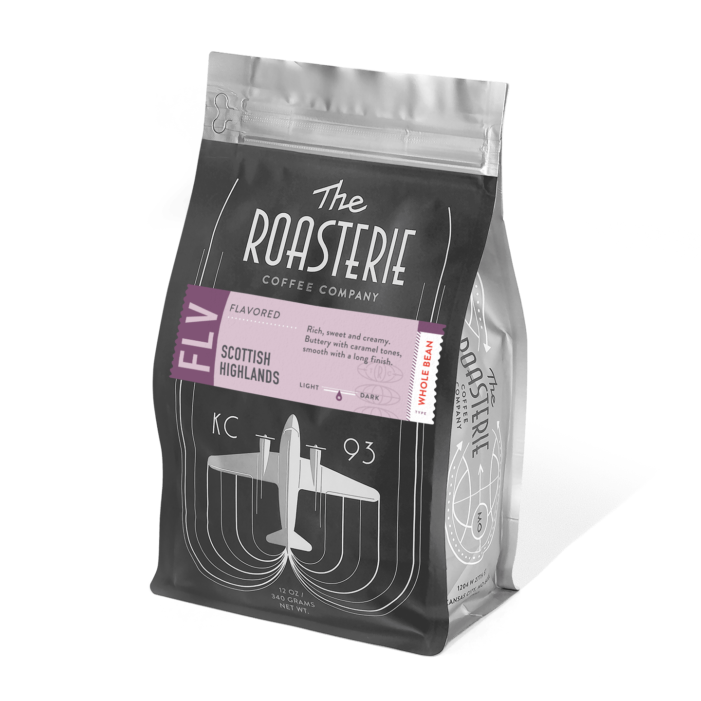 A bag of Scottish Highlands Blend coffee from The Roasterie featuring a black packaging design with purple accents and an aircraft illustration. The flavored coffee bag displays tasting notes and product details against a sleek, modern design.