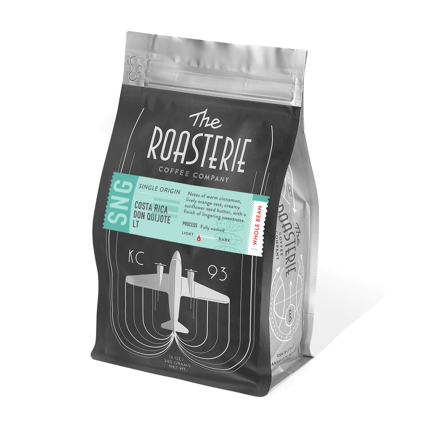 A black coffee bag from The Roasterie featuring Costa Rica Don Quijote blend, with teal accents and vintage airplane design. The package highlights specialty coffee with cinnamon, orange zest, and sunflower butter notes against a retro-inspired KC 93 graphic.