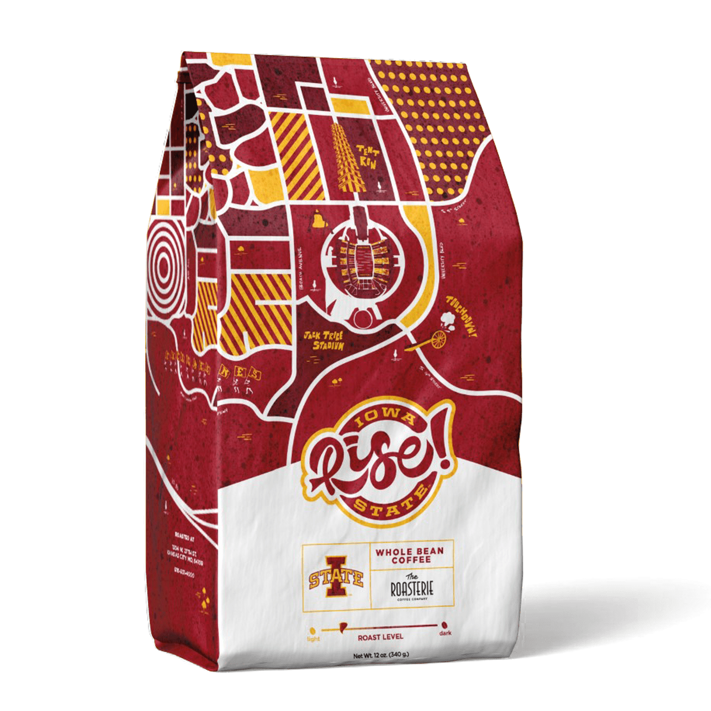 Iowa State Rise Blend coffee bag featuring a stylized maroon and gold geometric map design, with the Rise! logo prominently displayed on a white panel. The bag showcases specialty coffee branding and Iowa State University partnership elements in a modern, artistic layout.