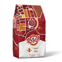 Load image into Gallery viewer, Iowa State Rise Blend coffee bag featuring a stylized maroon and gold geometric map design, with the Rise! logo prominently displayed on a white panel. The bag showcases specialty coffee branding and Iowa State University partnership elements in a modern, artistic layout.
